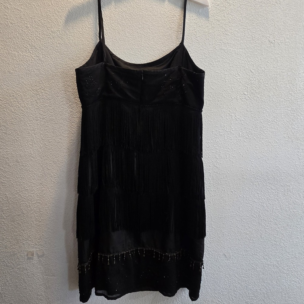 Beader's Touch 100% Silk Fringe Flapper Dress Black Beaded Cocktail Size 16